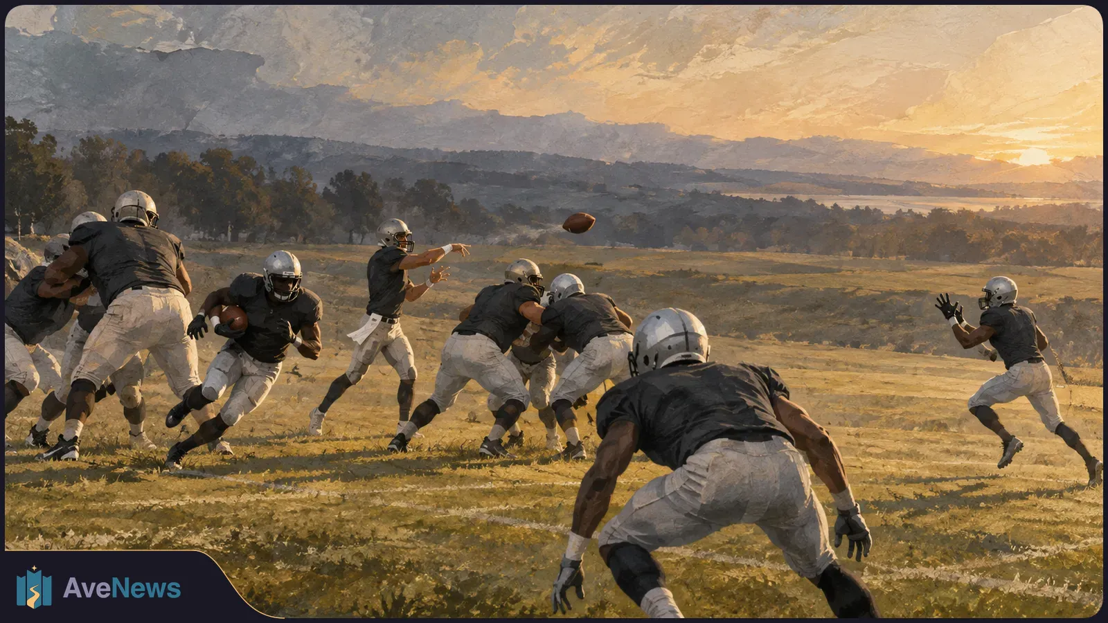 Painted scene of helmeted American football players in dark jerseys and light pants running and blocking on a grassy field at sunset, with a ball in the air. SI illustration