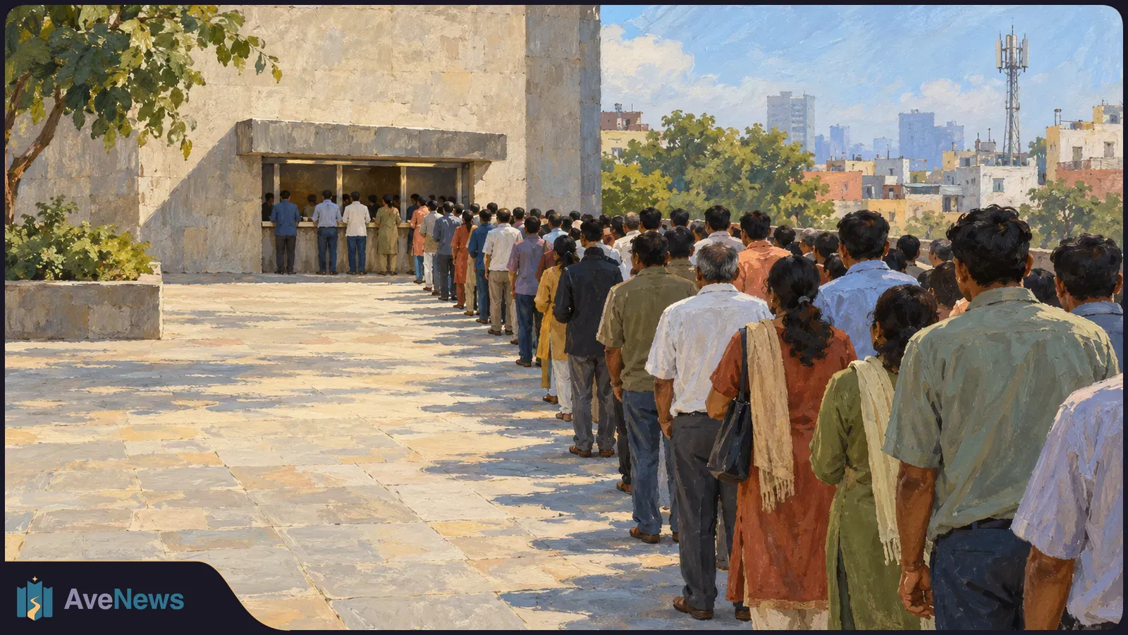 A painted scene of people standing in a long line outside a stone building with several service windows; trees and city buildings are visible behind them. SI illustration