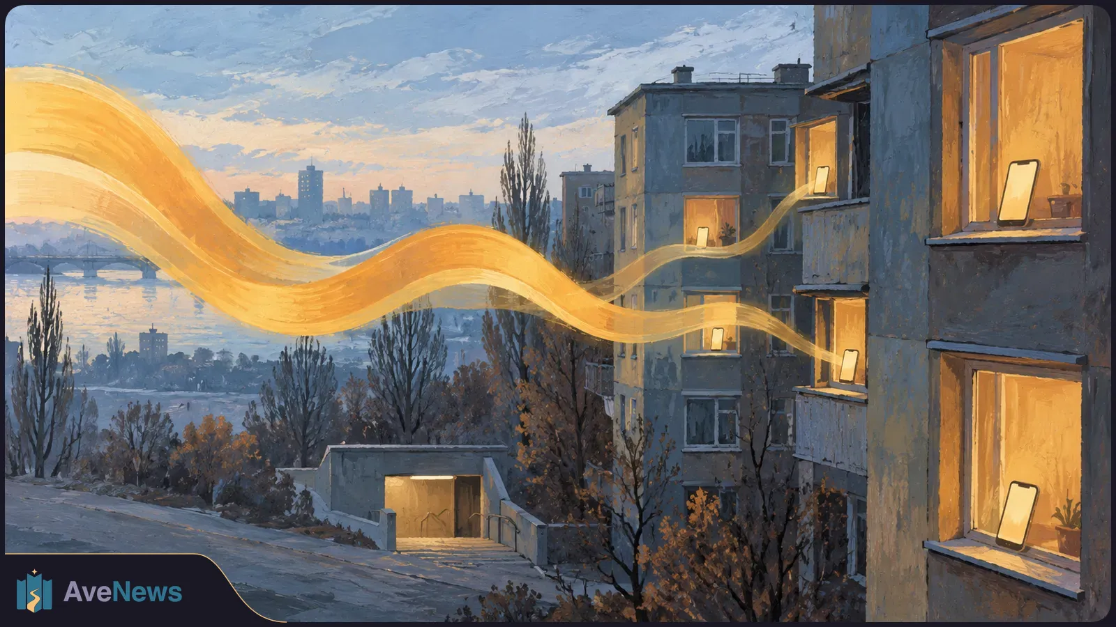 Painted cityscape at dusk: glowing phone screens in apartment windows and a golden ribbon of light winding across the buildings. SI illustration