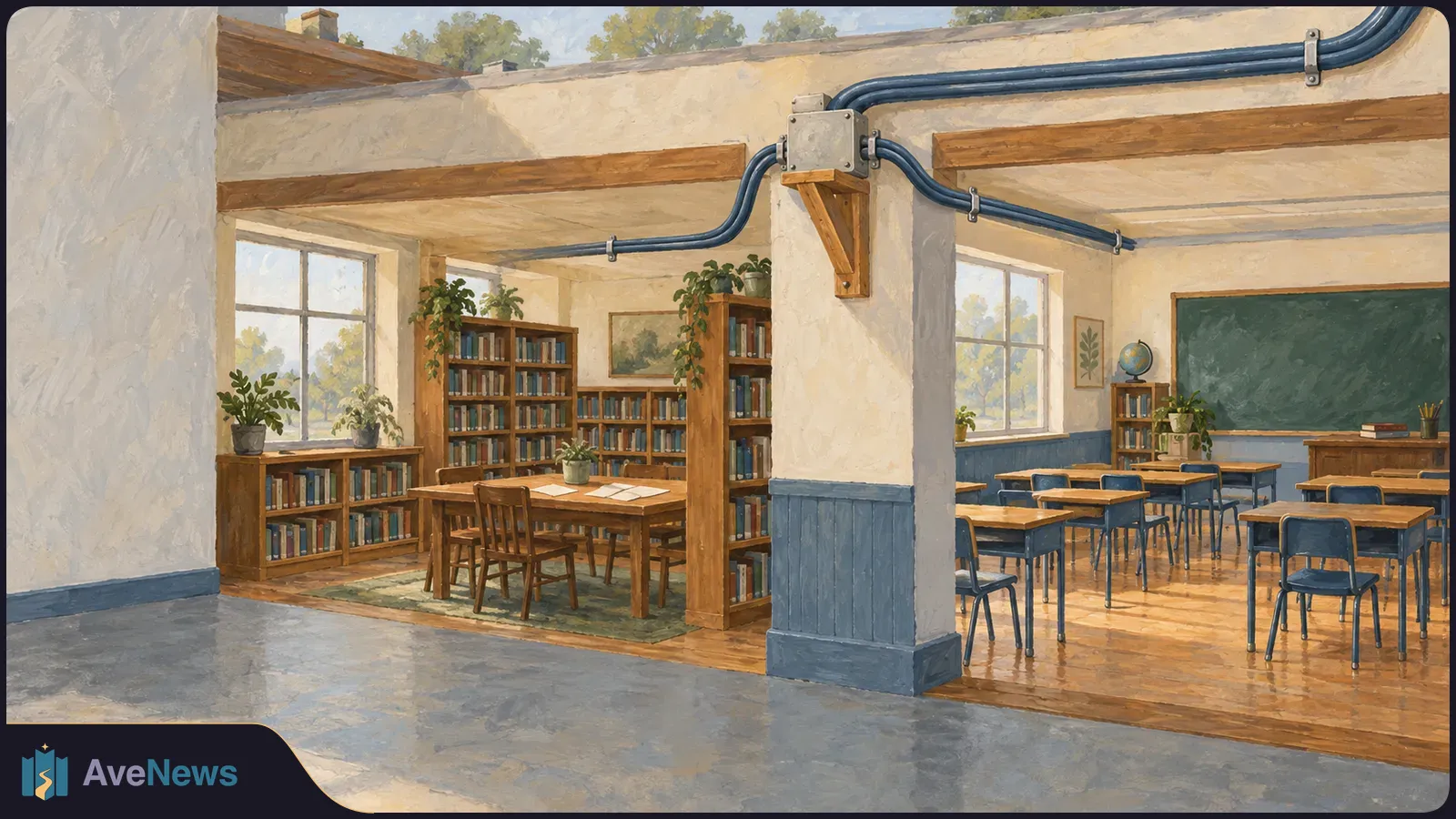 Painted view of an empty library reading area beside a classroom, with bookshelves, desks, a chalkboard and dark conduits overhead. SI illustration