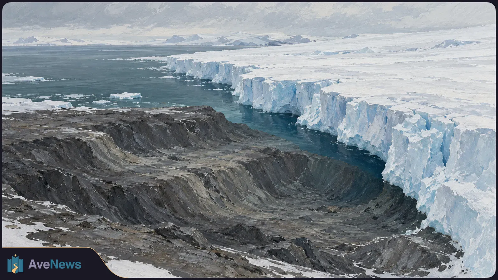 Jagged blue-white ice cliffs border dark exposed rock and cold water, with snowy mountains beneath a cloudy sky. SI illustration