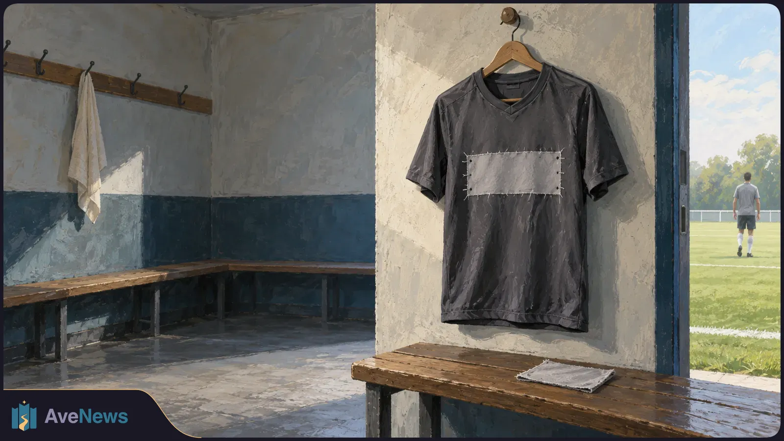 A painted football changing room with a dark jersey bearing a blank stitched chest patch; through the open door, a lone player stands on the pitch. SI illustration