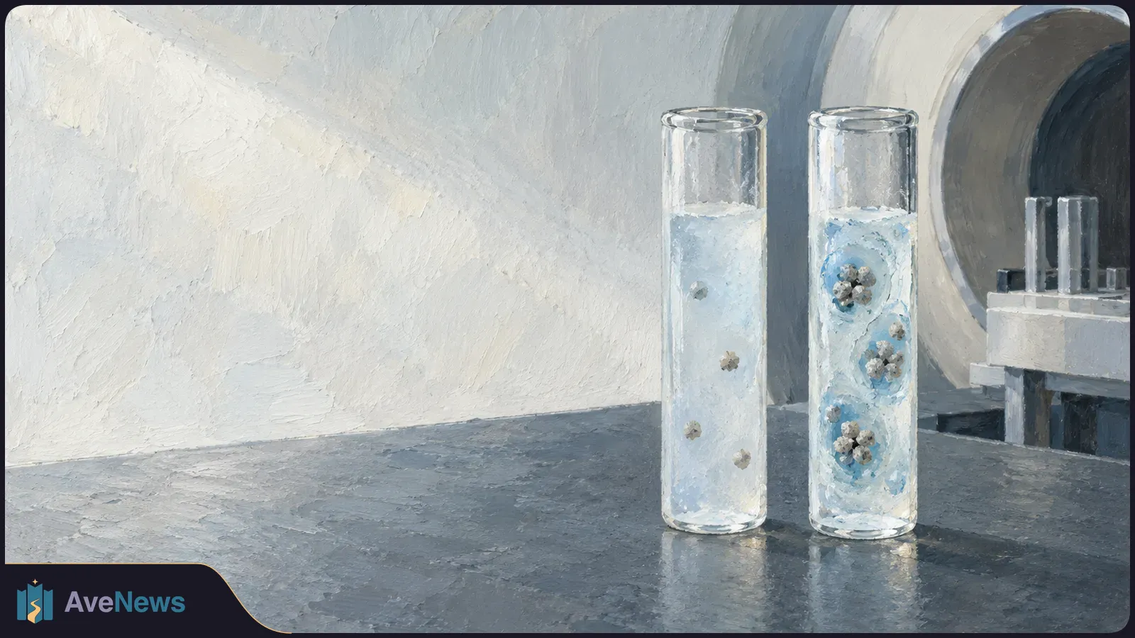 Painterly illustration of two glass tubes holding pale blue liquid on a lab bench. Small particles appear dispersed in one tube and grouped in the other; a large circular apparatus sits behind them. SI illustration