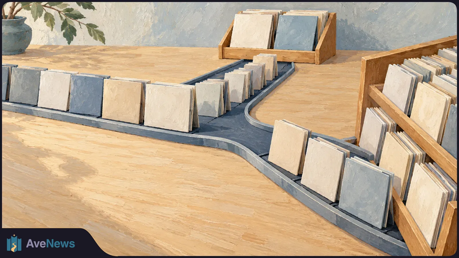 Painterly illustration of blank square sleeves in cream and blue-gray, arranged along a branching track on a wooden table, with more sleeves in wooden racks. SI illustration