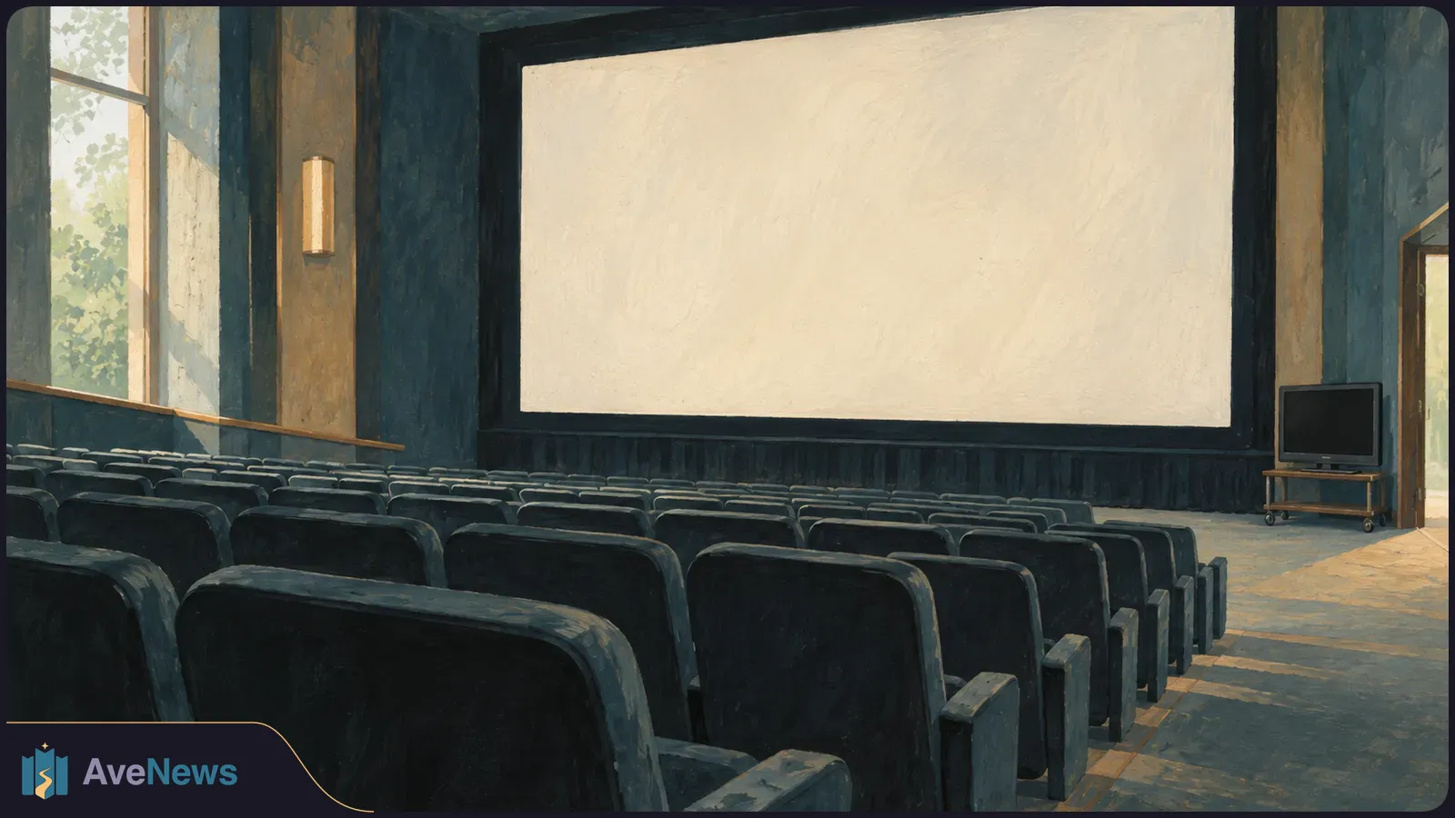 Illustrated empty cinema with rows of seats facing a large blank screen and a small television on a cart beside it. SI illustration