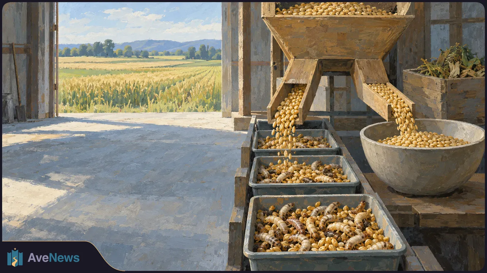 Painted scene of grain pouring from a hopper into trays of insect larvae, with a crop field visible through the open barn door. SI illustration