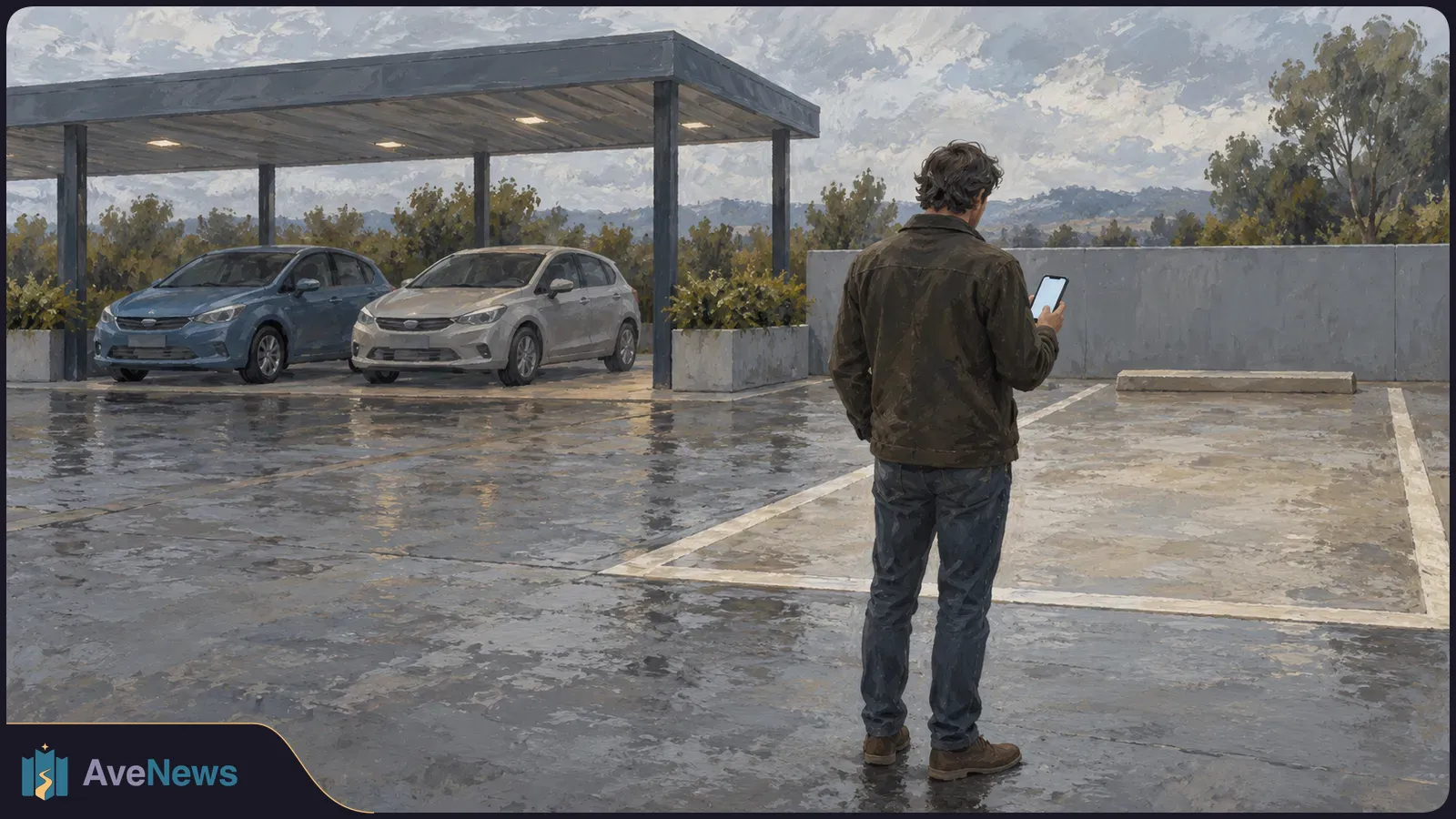 Painterly illustration of a person looking at a phone in a wet parking lot, with two cars under a canopy and an empty parking space beside them. SI illustration