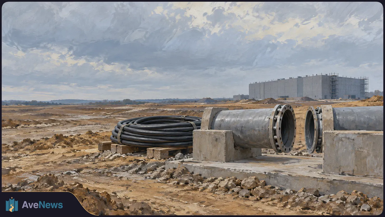 Painterly illustration of a muddy construction site with two large pipe sections, a coil of black tubing and an unfinished building beneath a cloudy sky. SI illustration