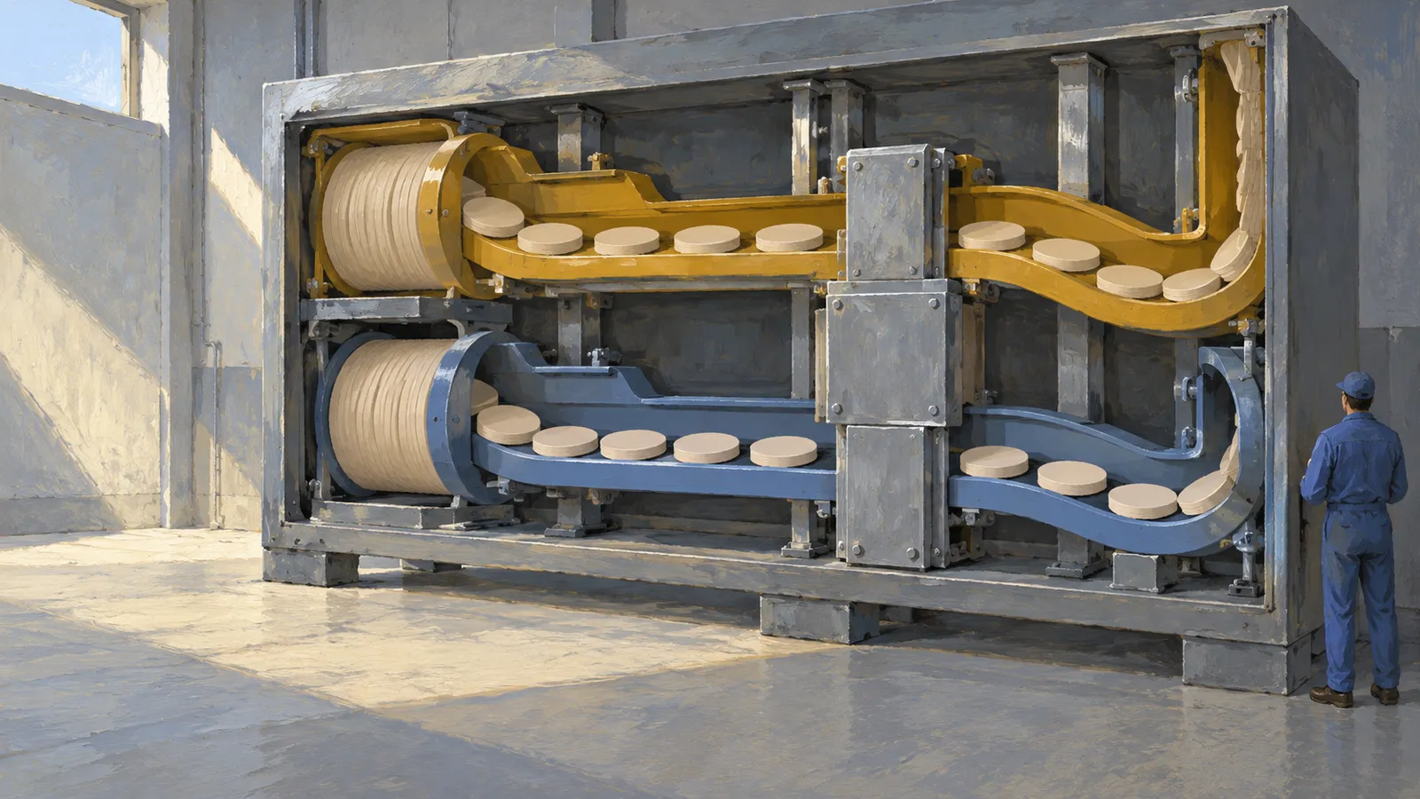 An illustrated industrial machine carries pale discs along yellow and blue tracks, with a worker in blue standing beside it. SI illustration