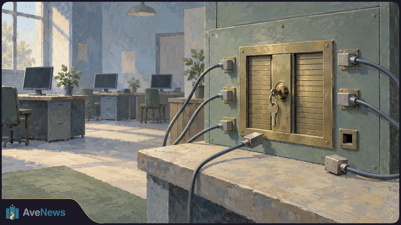 Painted office with blank computer screens; cables run from a large metal box on a desk, where a key hangs from a central lock. SI illustration