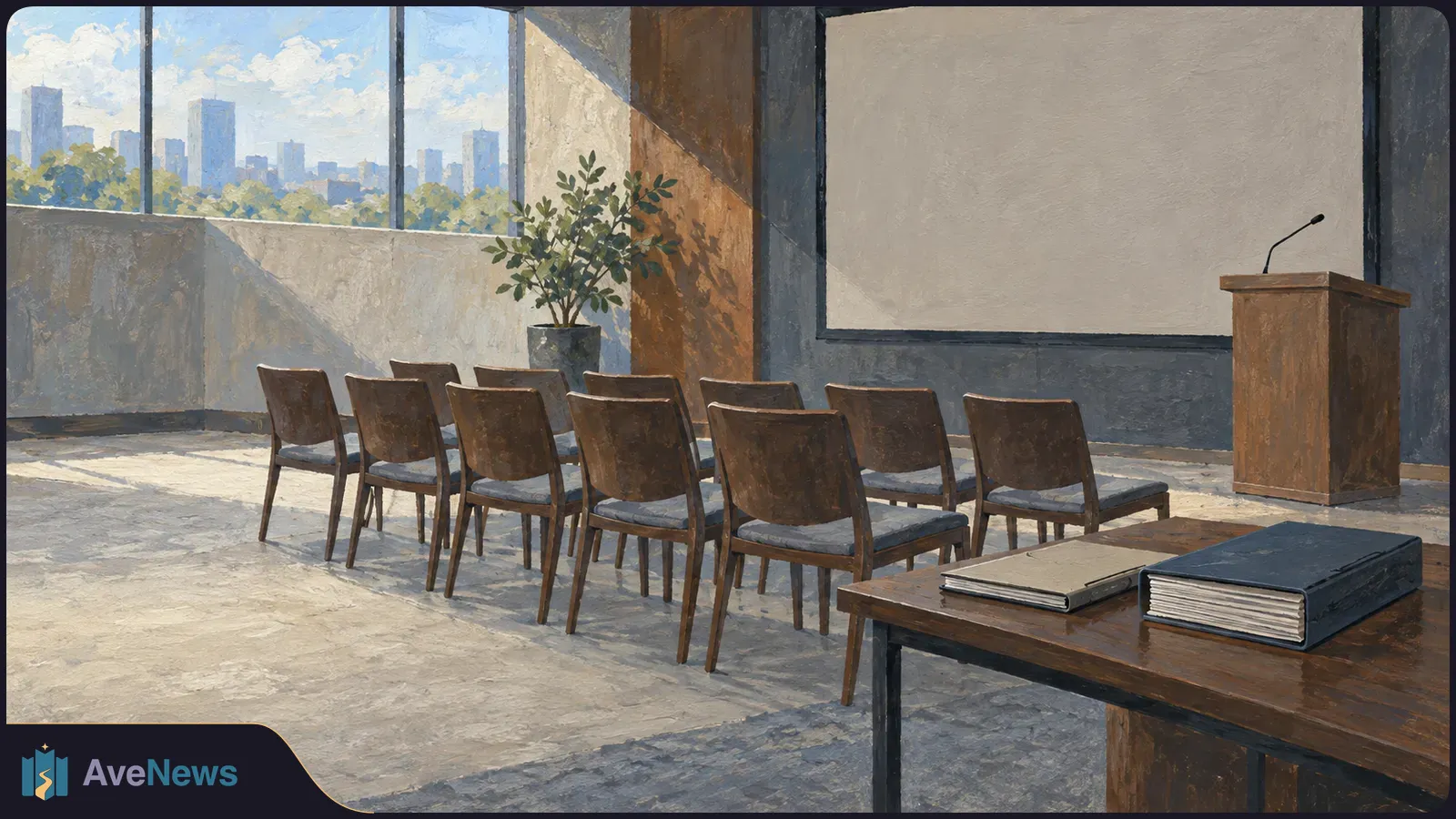 Painted empty presentation room with rows of chairs, a blank screen, a lectern and two closed binders on a table; city buildings are visible through the windows. SI illustration