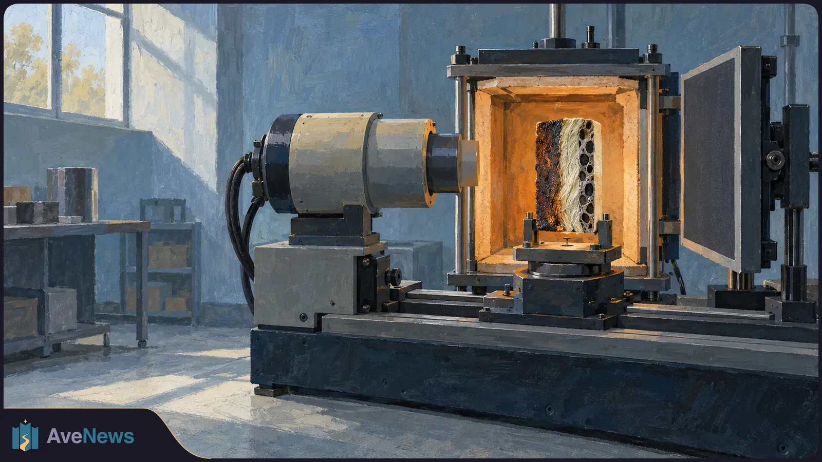 Painterly laboratory scene with a dark, porous sample inside a glowing open heating chamber and a large cylindrical instrument aimed toward it. SI illustration
