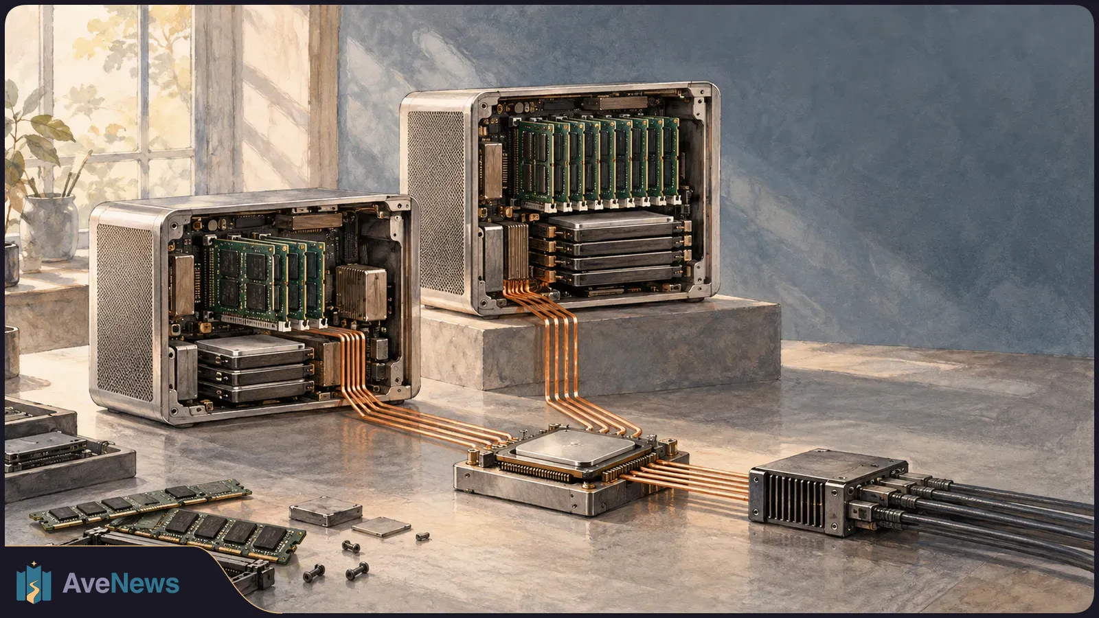 Painterly illustration of two open compact computers with exposed circuit boards, connected by copper-colored cables to a central module; loose memory boards lie on the table. SI illustration