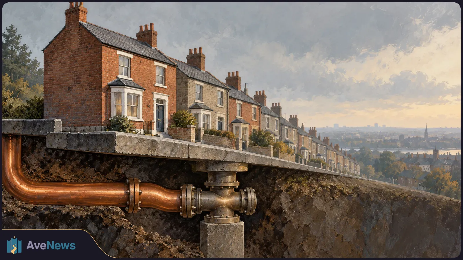Painted row of brick houses on a hillside above a cutaway of earth showing a copper pipe and valve beneath the street. SI illustration