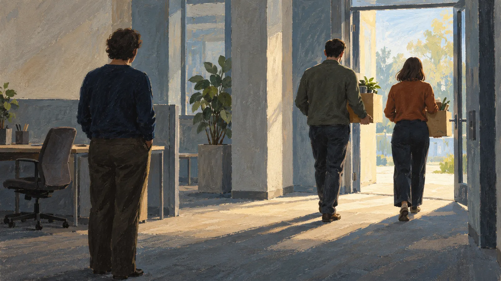 A painted office scene shows one person standing by a desk as two others carry boxes toward a sunlit open door. SI illustration