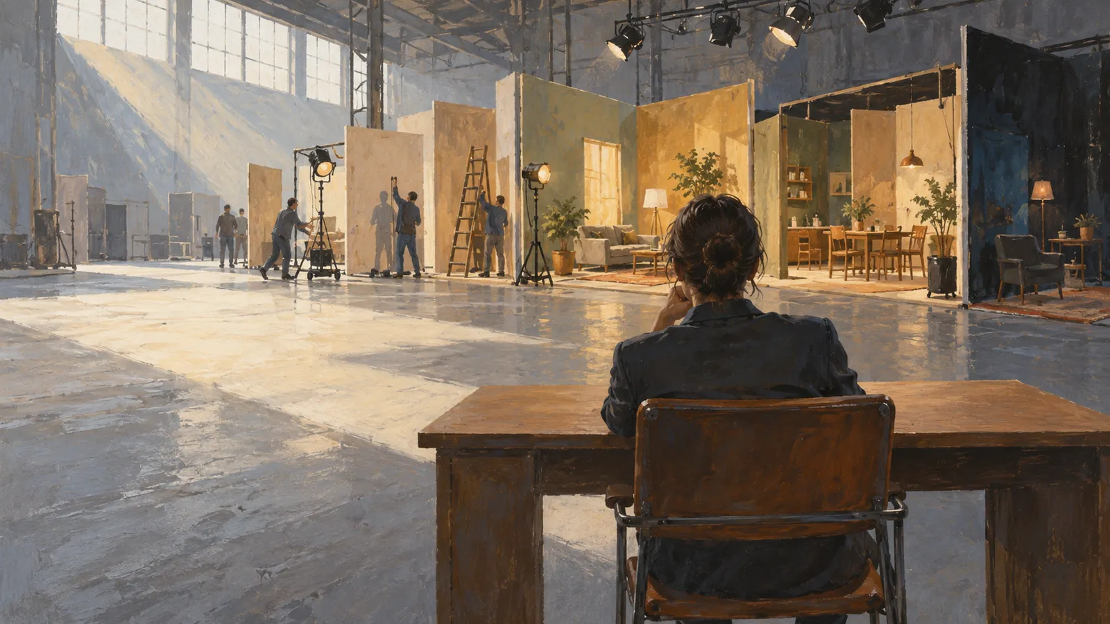 A seated figure faces a sunlit studio where workers set up furnished rooms, wall panels and lights. SI illustration