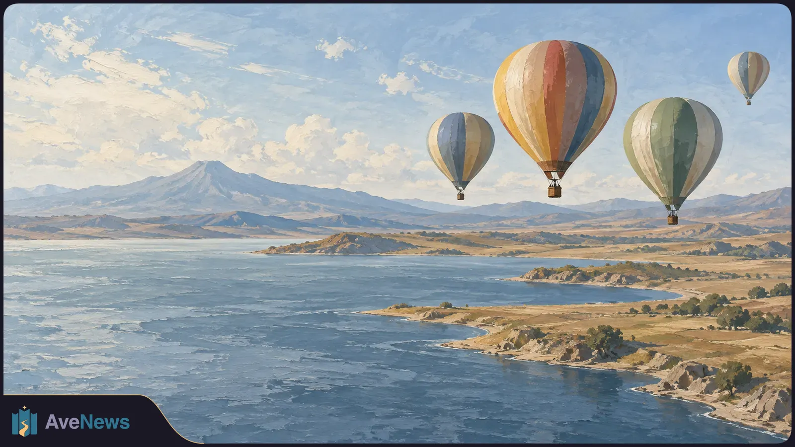 Four hot-air balloons float above a blue reservoir, with dry hills, a mountain and clouds in the distance. SI illustration