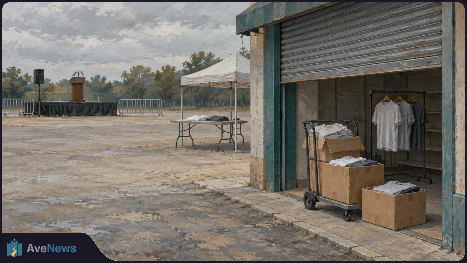 Painted scene of a partly shuttered shop with plain shirts on racks and in boxes. Outside are a tent, table, empty podium and barriers. SI illustration
