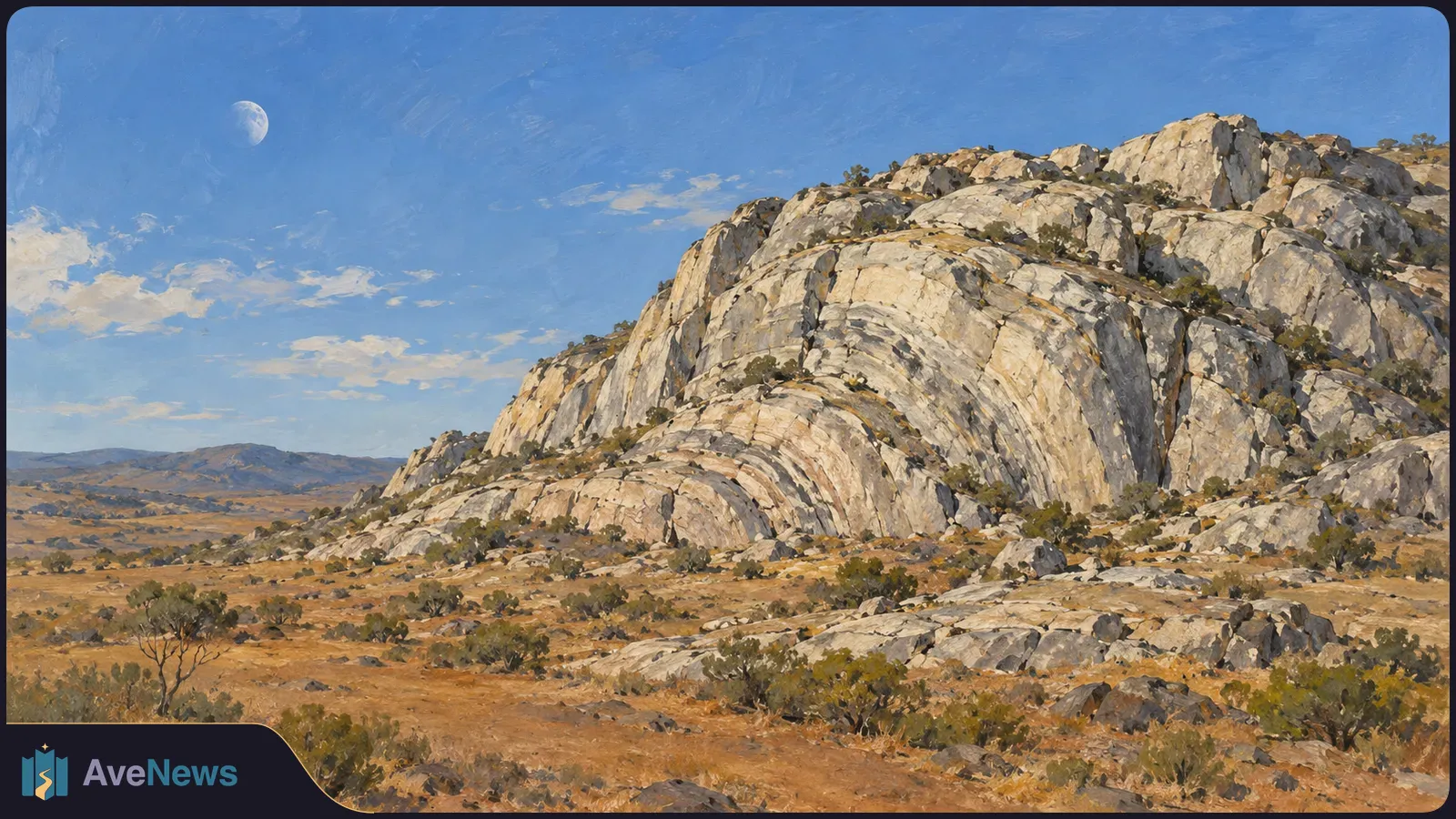 Painted landscape of a pale, layered rock formation rising above dry scrubland, with the Moon in a blue sky. SI illustration