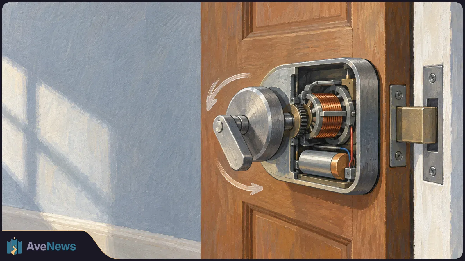 Painted cutaway of a lock on a wooden door, showing a turnable handle, gears and copper coils. White arrows indicate the handle’s rotation. SI illustration