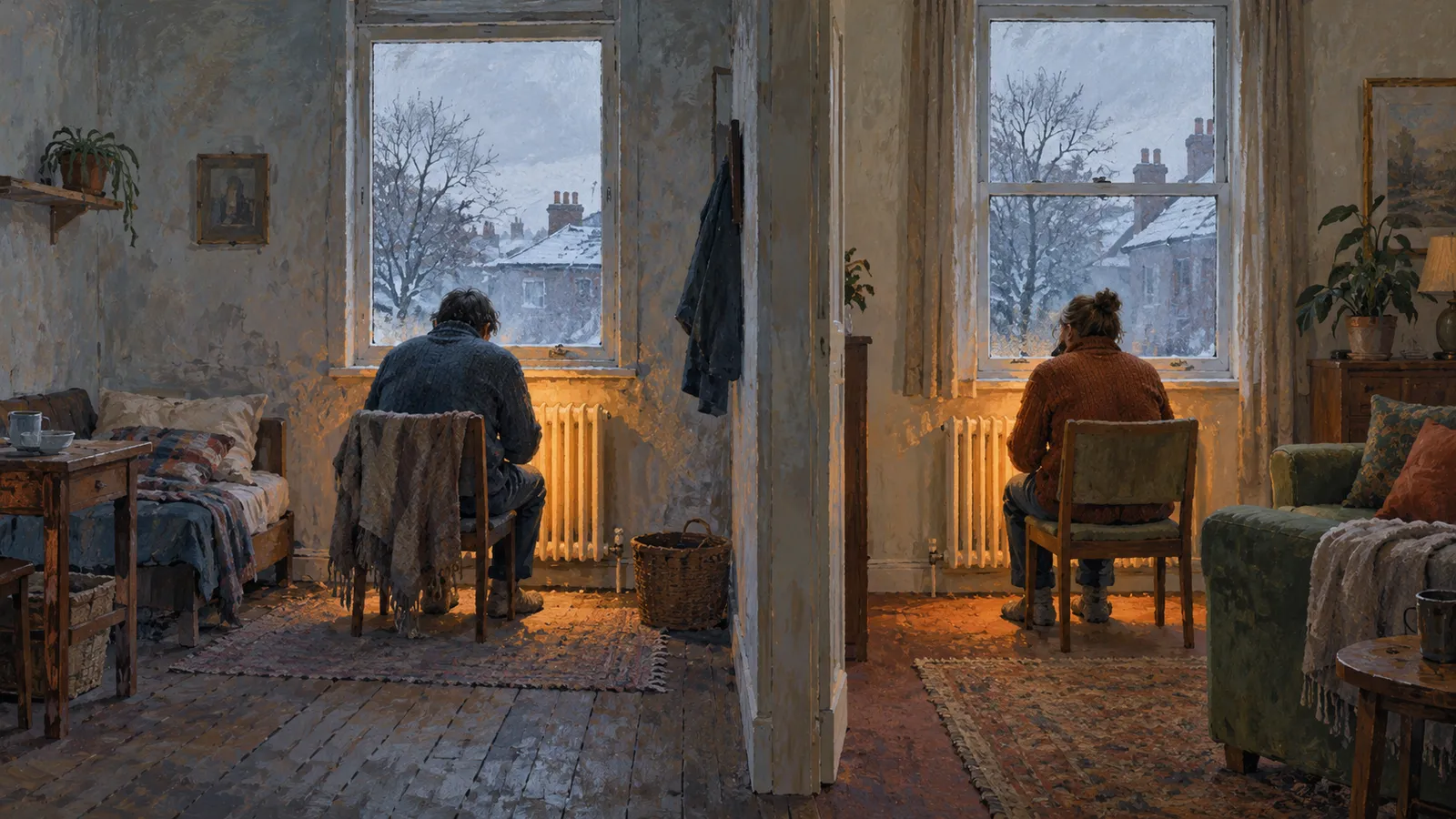Painterly view of two people sitting with their backs to the viewer in adjoining rooms, each facing a radiator beneath a window overlooking snowy rooftops. SI illustration