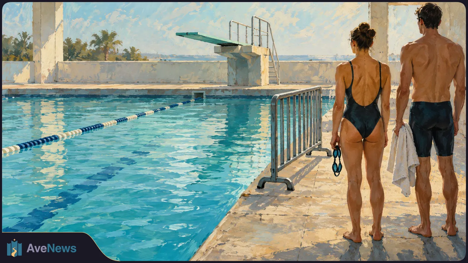Illustration of two swimmers seen from behind beside a bright blue outdoor pool. One holds goggles, the other a white towel; a diving board stands across the water. SI illustration