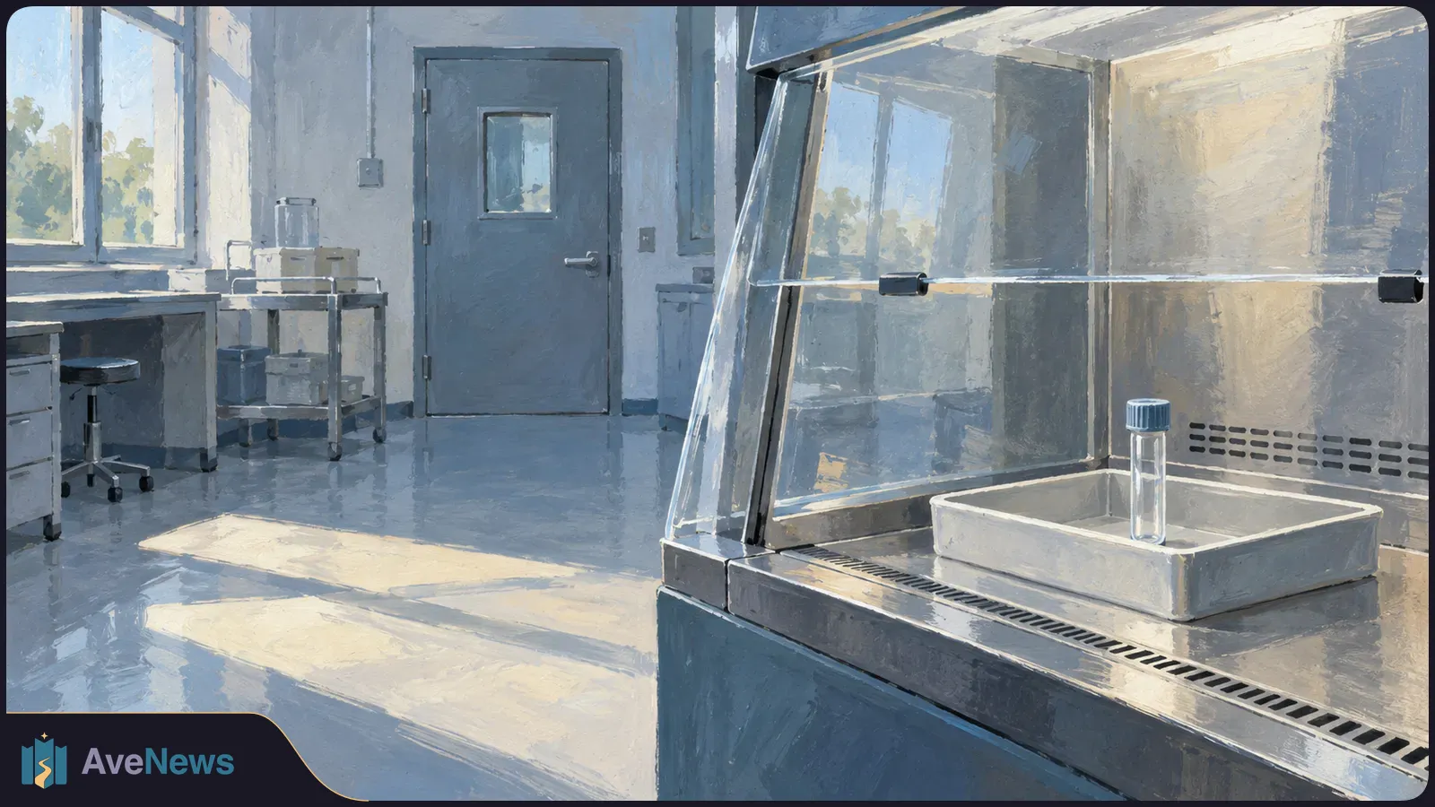 Painterly illustration of an empty laboratory. A capped clear tube stands on a tray inside a glass-fronted cabinet, with daylight across the floor. SI illustration