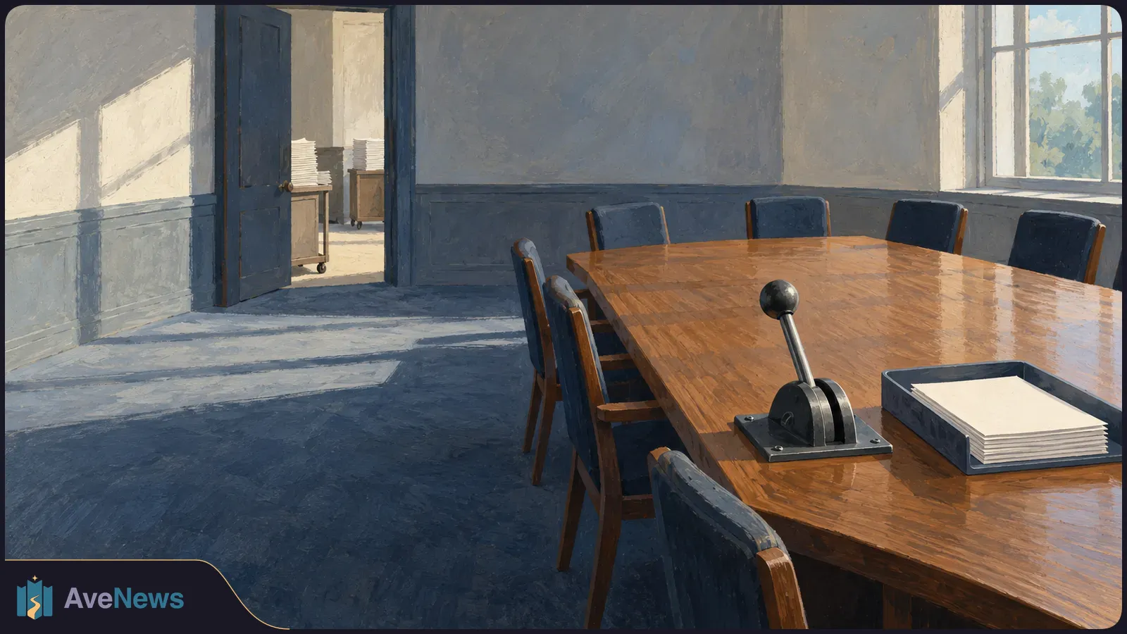 A painted, sunlit meeting room with an empty conference table, an upright metal lever, and a tray of blank papers. More paper stacks are visible through an open door. SI illustration