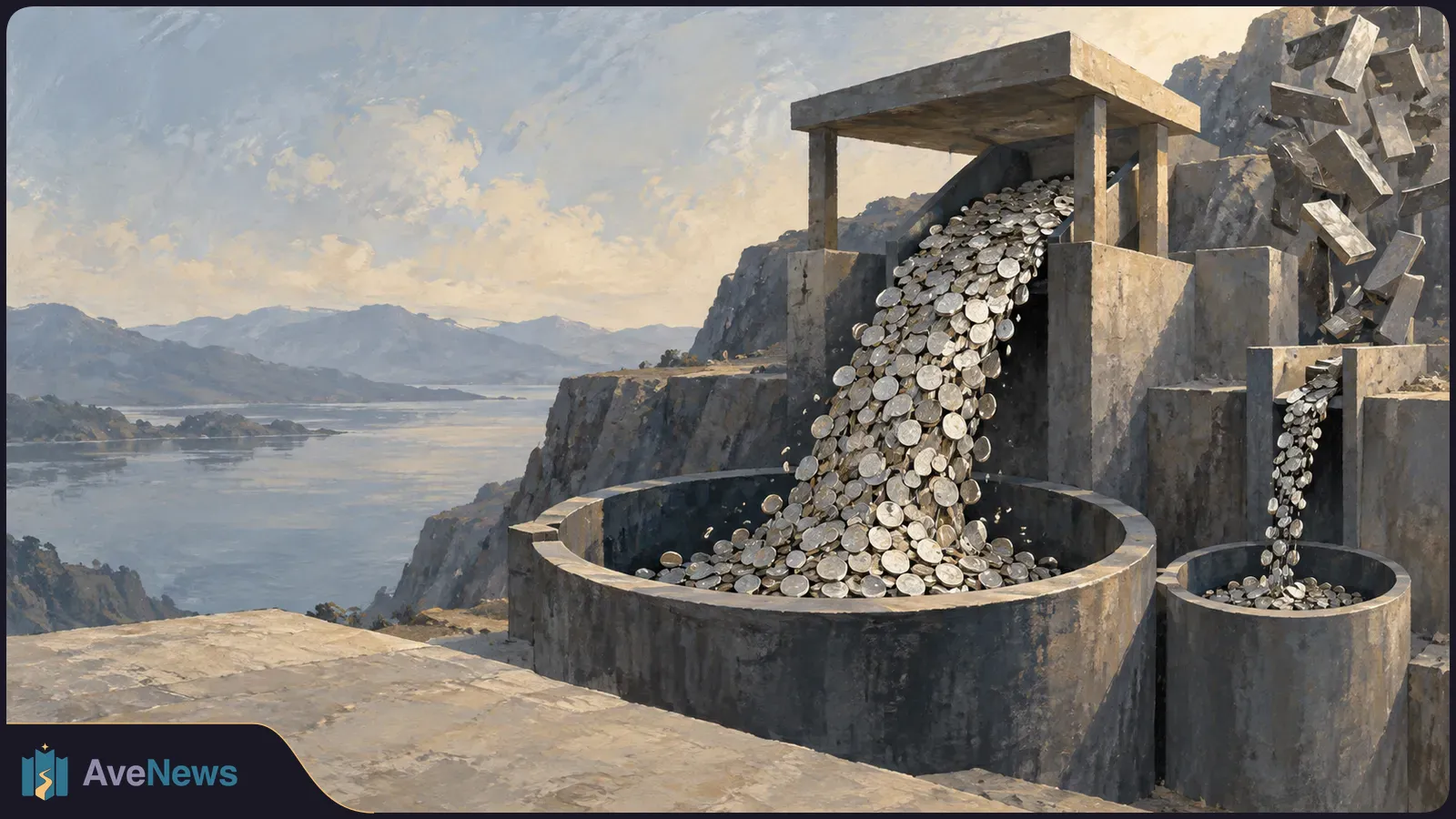 Painted scene of two streams of silver coins pouring into separate concrete basins beside a lake and mountains; rectangular stone blocks tumble at the right. SI illustration