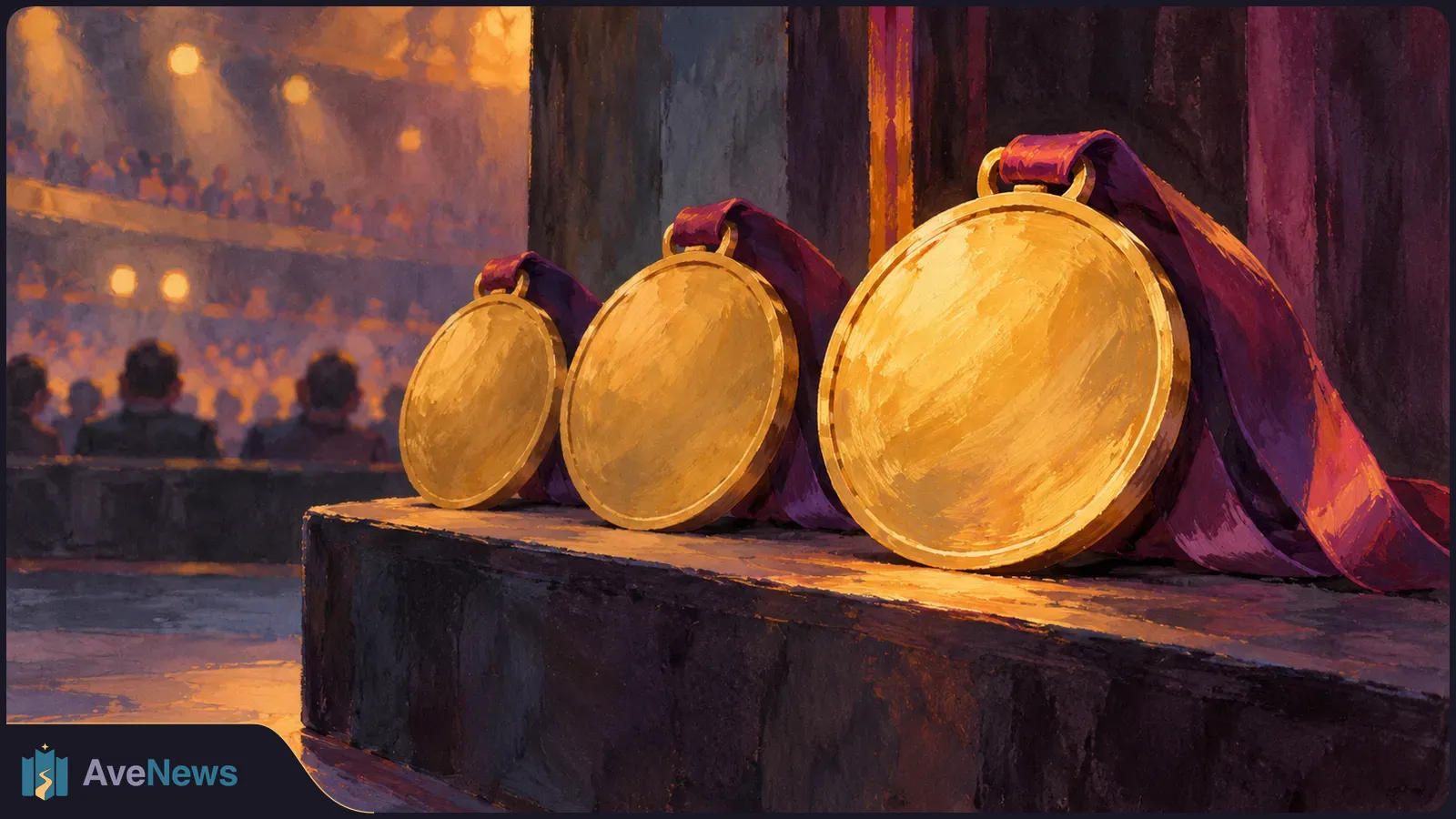 Three gold medals with purple ribbons rest on a dark platform, with a warmly lit auditorium and seated audience in the background. SI illustration