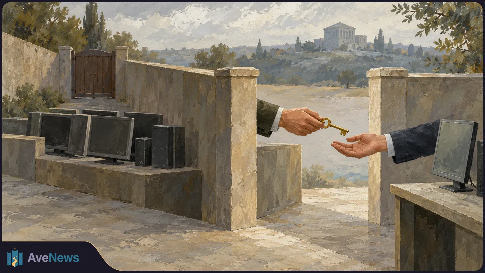 Painted scene of dark computer monitors beside a stone wall, with two hands reaching toward a gold key across an opening; a distant building stands on a hill. SI illustration