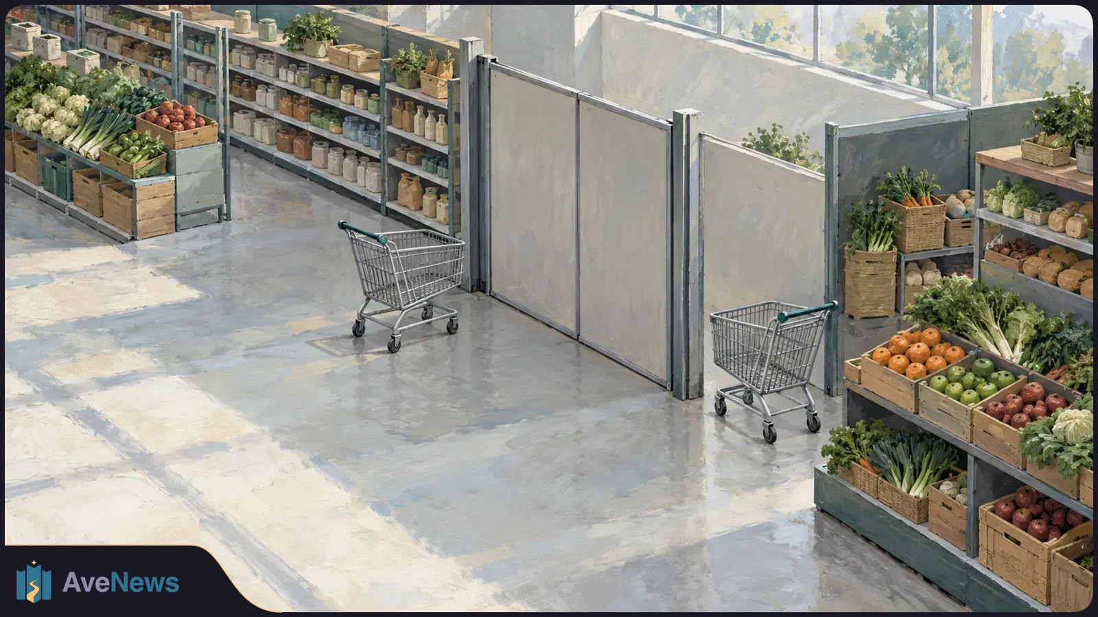Painterly grocery store scene with two empty shopping carts on opposite sides of tall partitions, surrounded by shelves of produce and jars. SI illustration