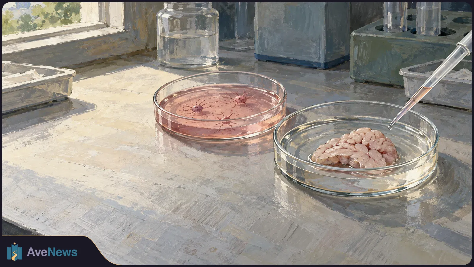 A painted lab bench holds a brain-like tissue sample in one clear dish and pink liquid with small star-shaped forms in another. A pipette hovers above. SI illustration