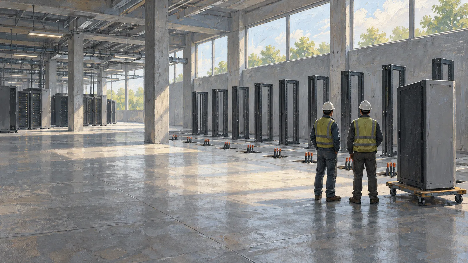 Արևով լուսավորված սրահում սաղավարտներով երկու աշխատող կանգնած են անիվավոր հարթակի վրա դրված սերվերային պահարանի կողքին՝ դեմքով դեպի դատարկ շրջանակների ու հատակից դուրս եկող մալուխների շարքերը։ ԳԲ նկարազարդում