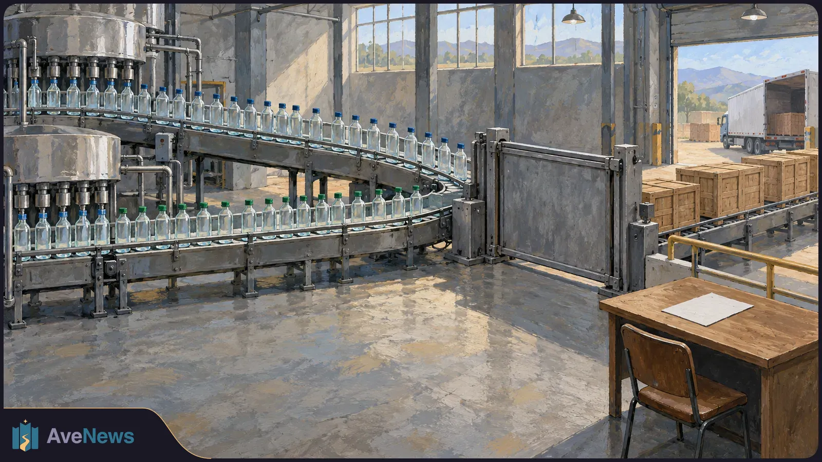 A painted bottling plant with rows of clear bottles on conveyors, wooden crates and a box truck at the loading bay. A desk and chair sit in the foreground. SI illustration