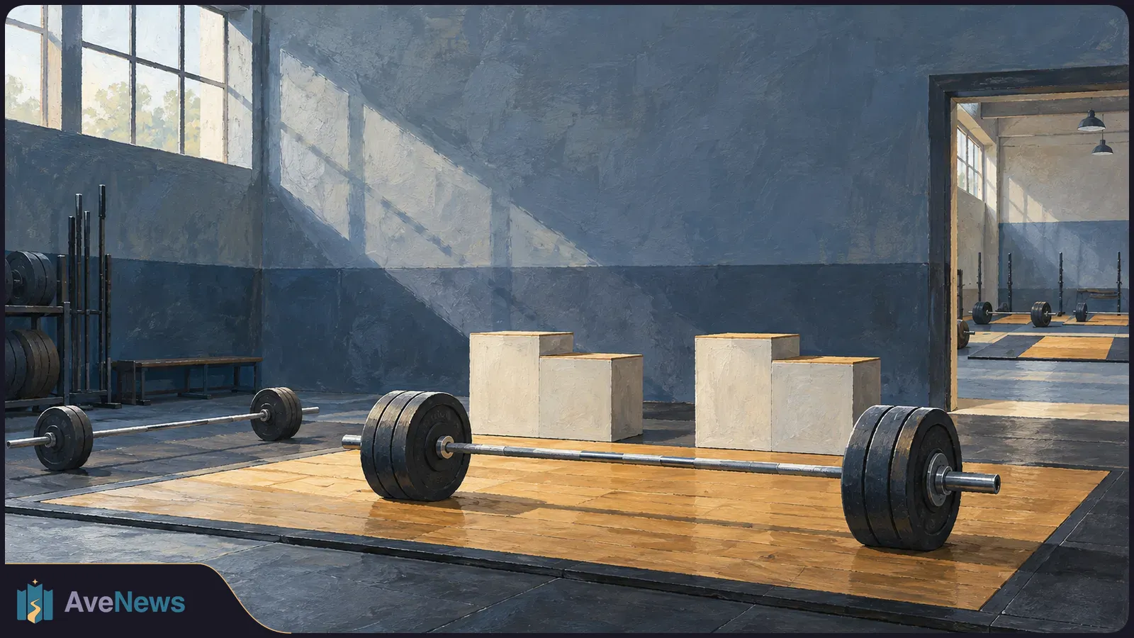Painted view of an empty weightlifting room, with a loaded barbell on a wooden platform and more weights visible through a doorway. SI illustration