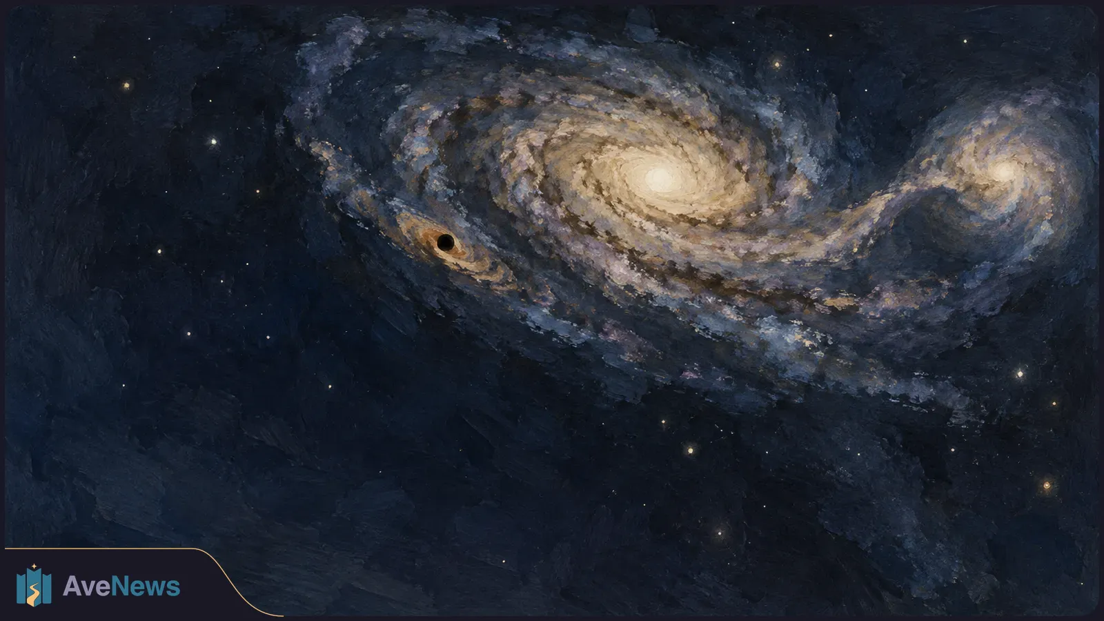 Painted spiral galaxy against a dark star field, with a small black circle in a glowing ring away from the bright galactic center. SI illustration