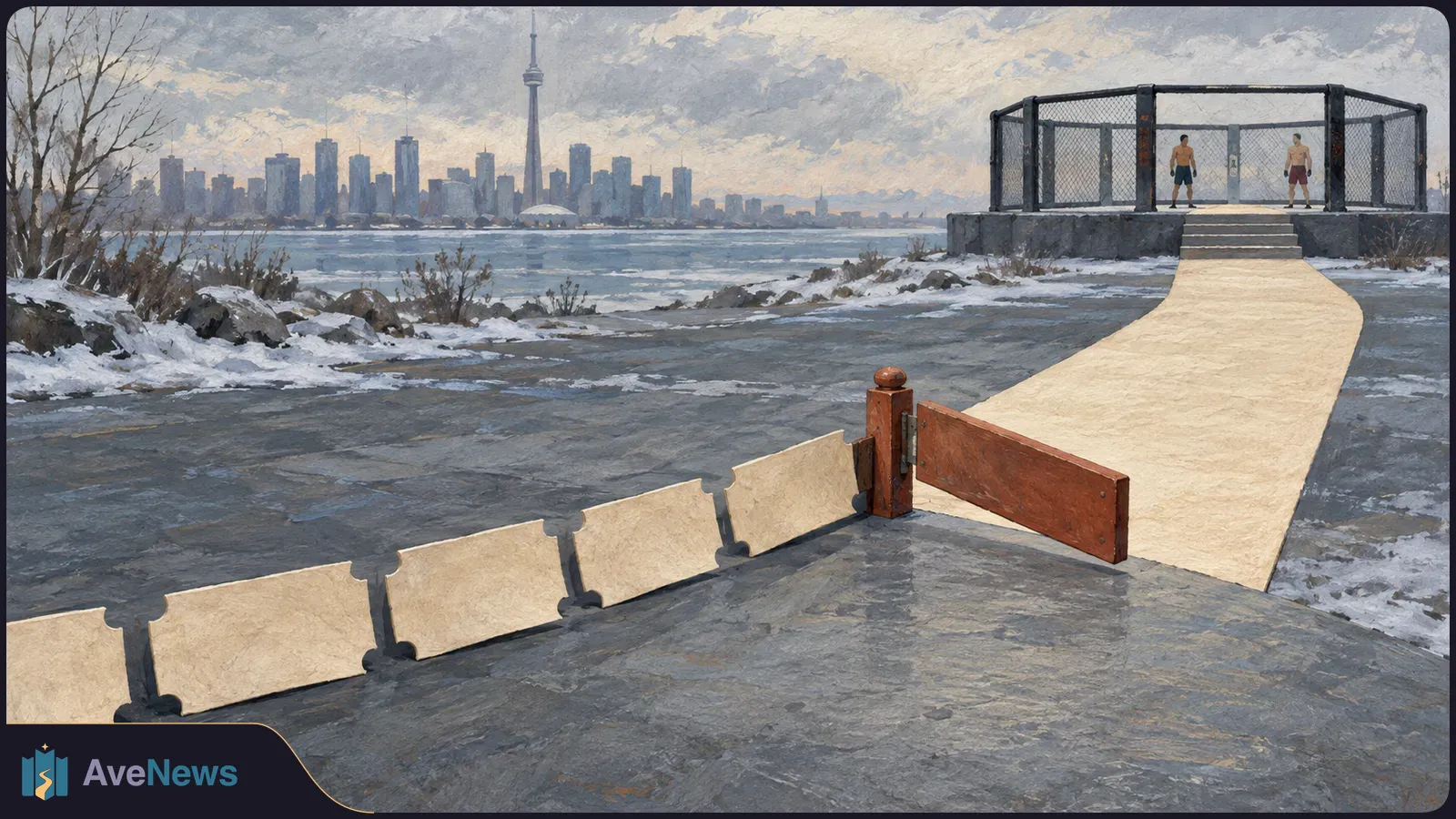 Painted winter waterfront with the Toronto skyline across the water. A pale path leads to a fenced fighting cage with two shirtless figures inside. SI illustration
