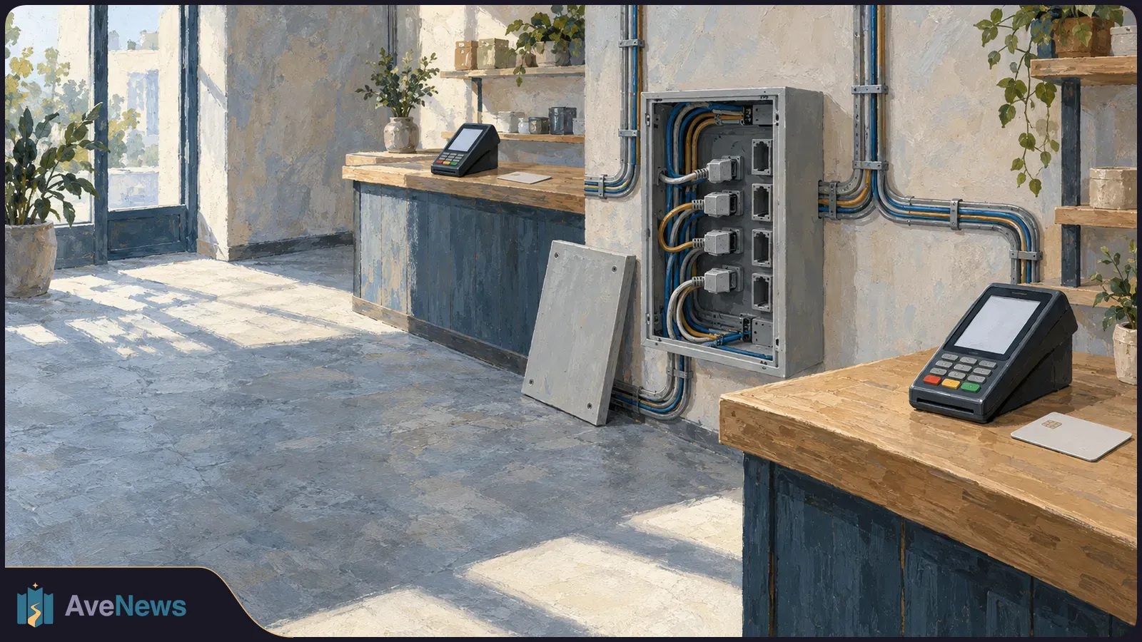 Painterly view of a sunlit shop with two payment terminals on wooden counters, cards nearby, and connected cables in an open wall panel. SI illustration
