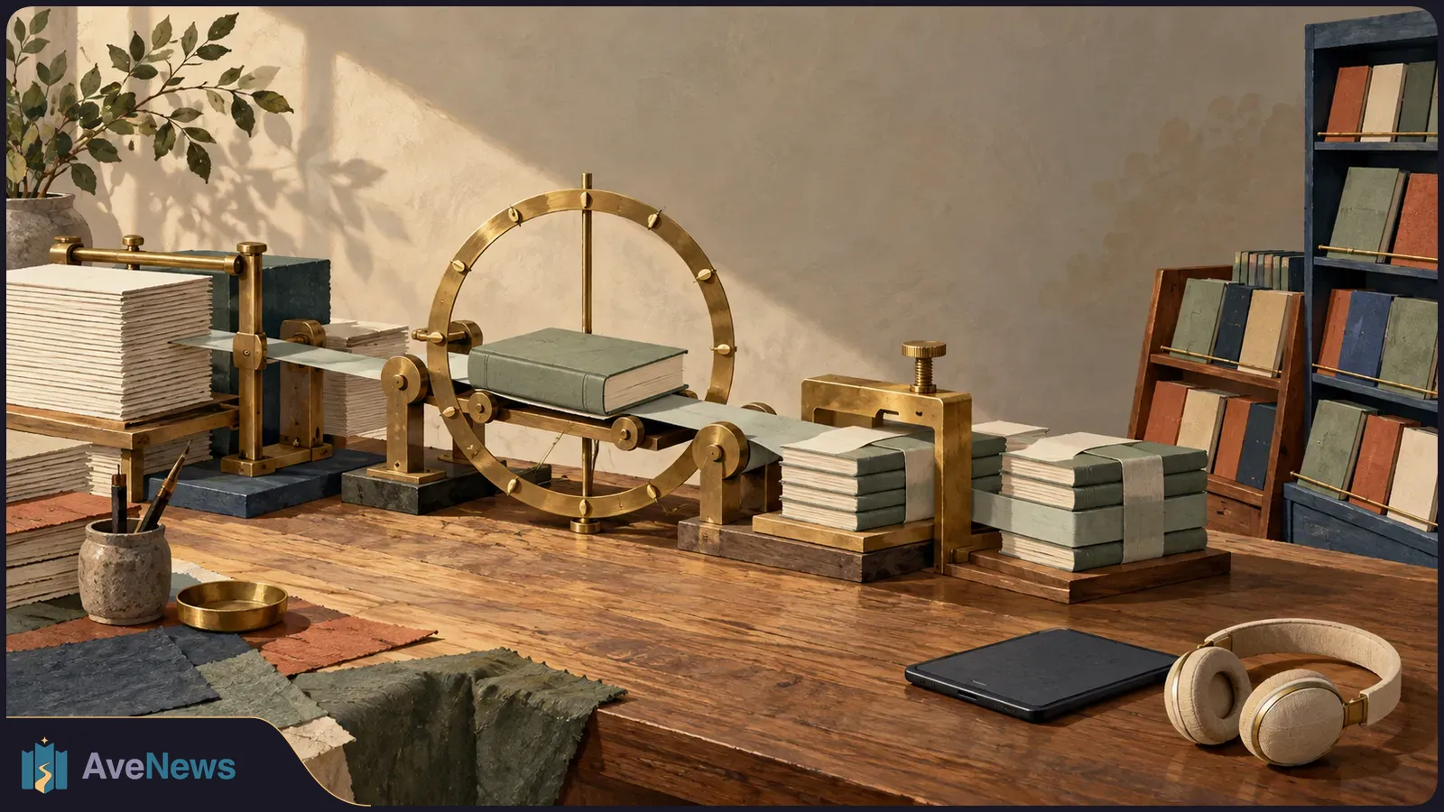 Warmly lit illustration of a green book on a brass conveyor, with stacks of books and paper on a wooden table. A tablet and headphones sit in the foreground. SI illustration