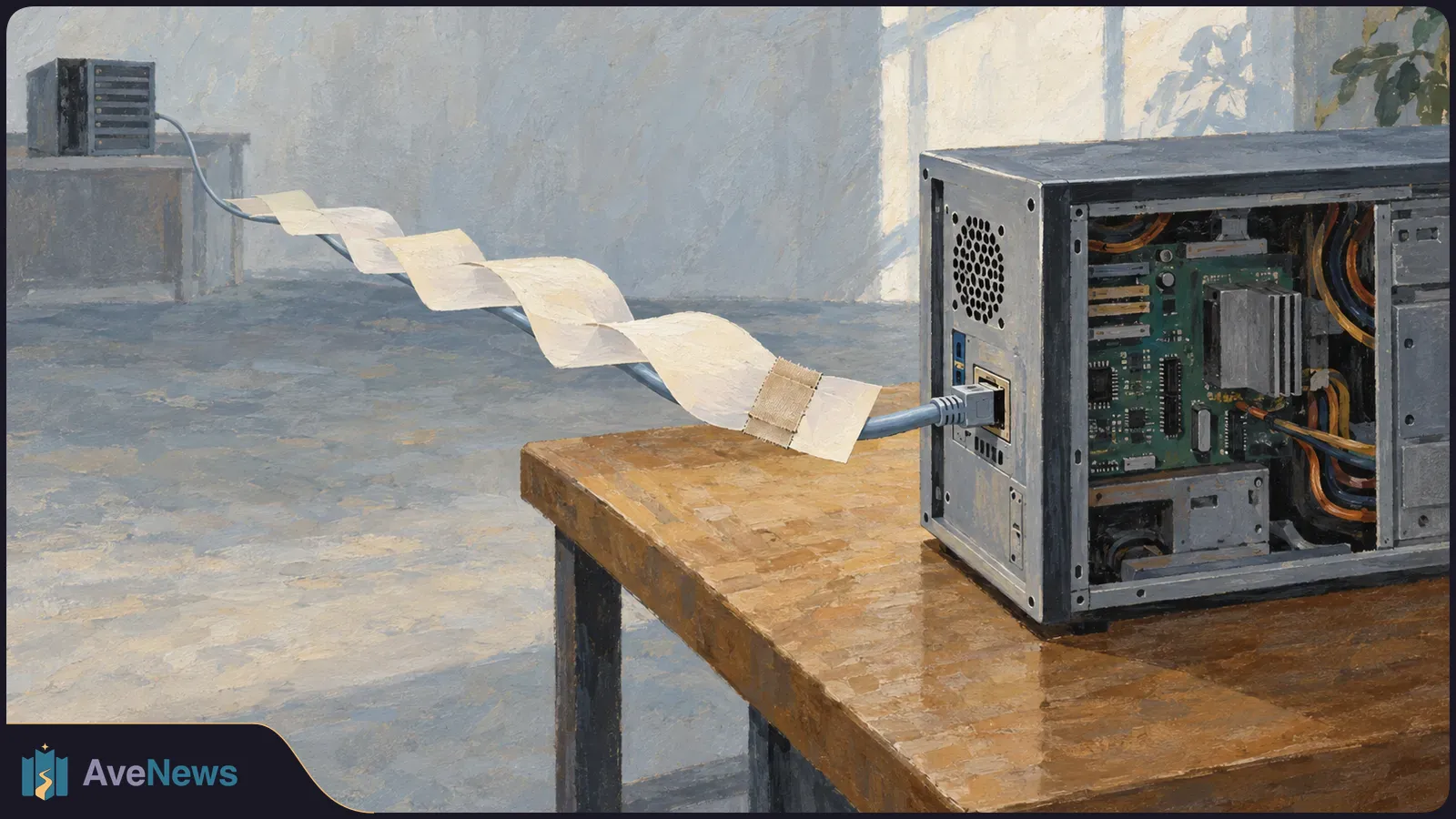 Painted scene of an open computer on a wooden table, connected by a cable to a small black box. A pale paper-like ribbon twists along the cable. SI illustration