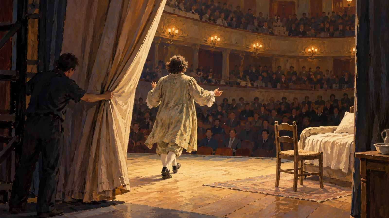 A painted theater scene shows a costumed performer facing an audience as a stagehand holds back a curtain. A bed and wooden chair sit onstage. SI illustration