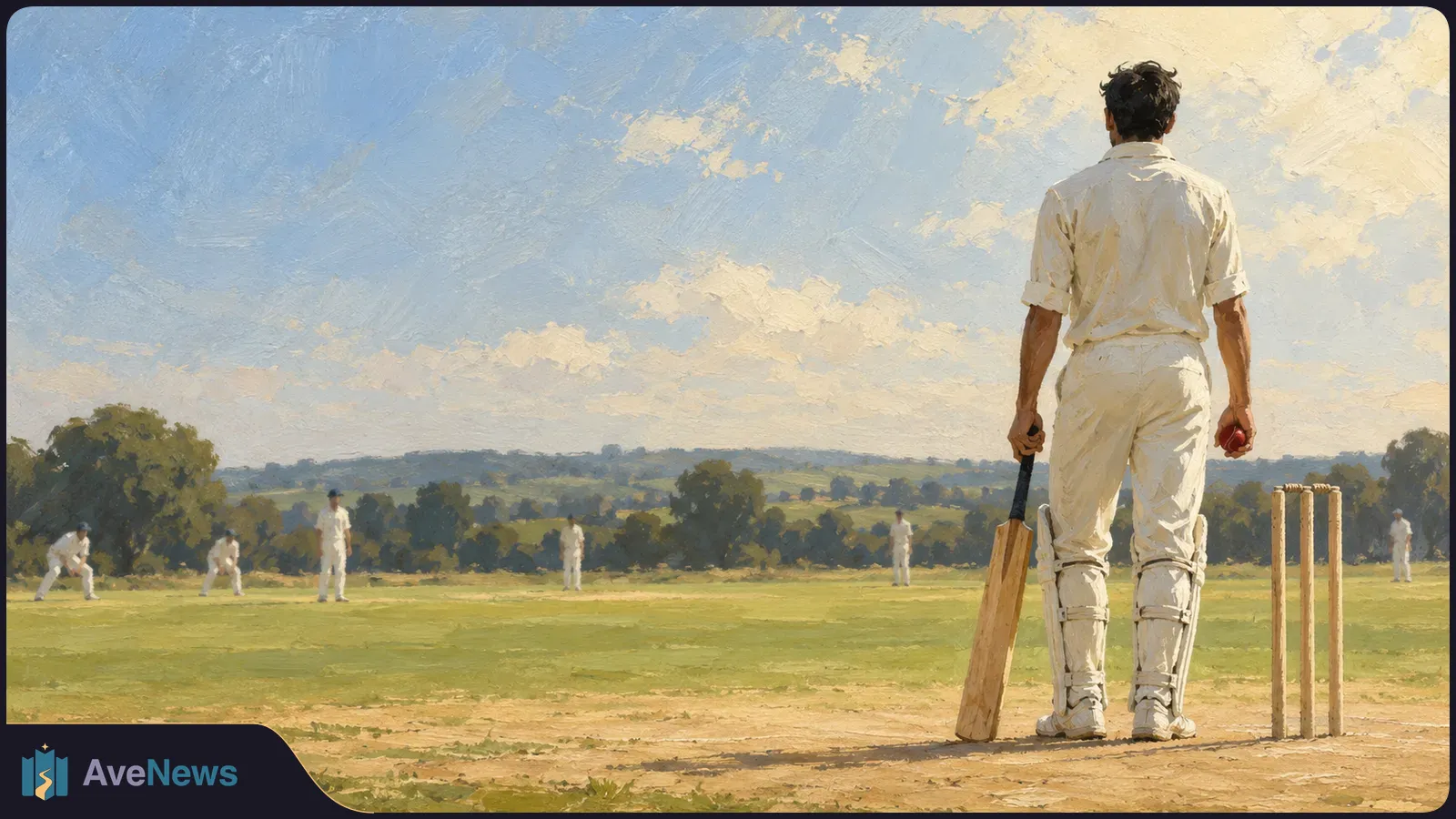 Illustration of a cricket batter seen from behind, holding a bat and red ball beside the stumps, with fielders spread across a grassy ground under a cloudy sky. SI illustration