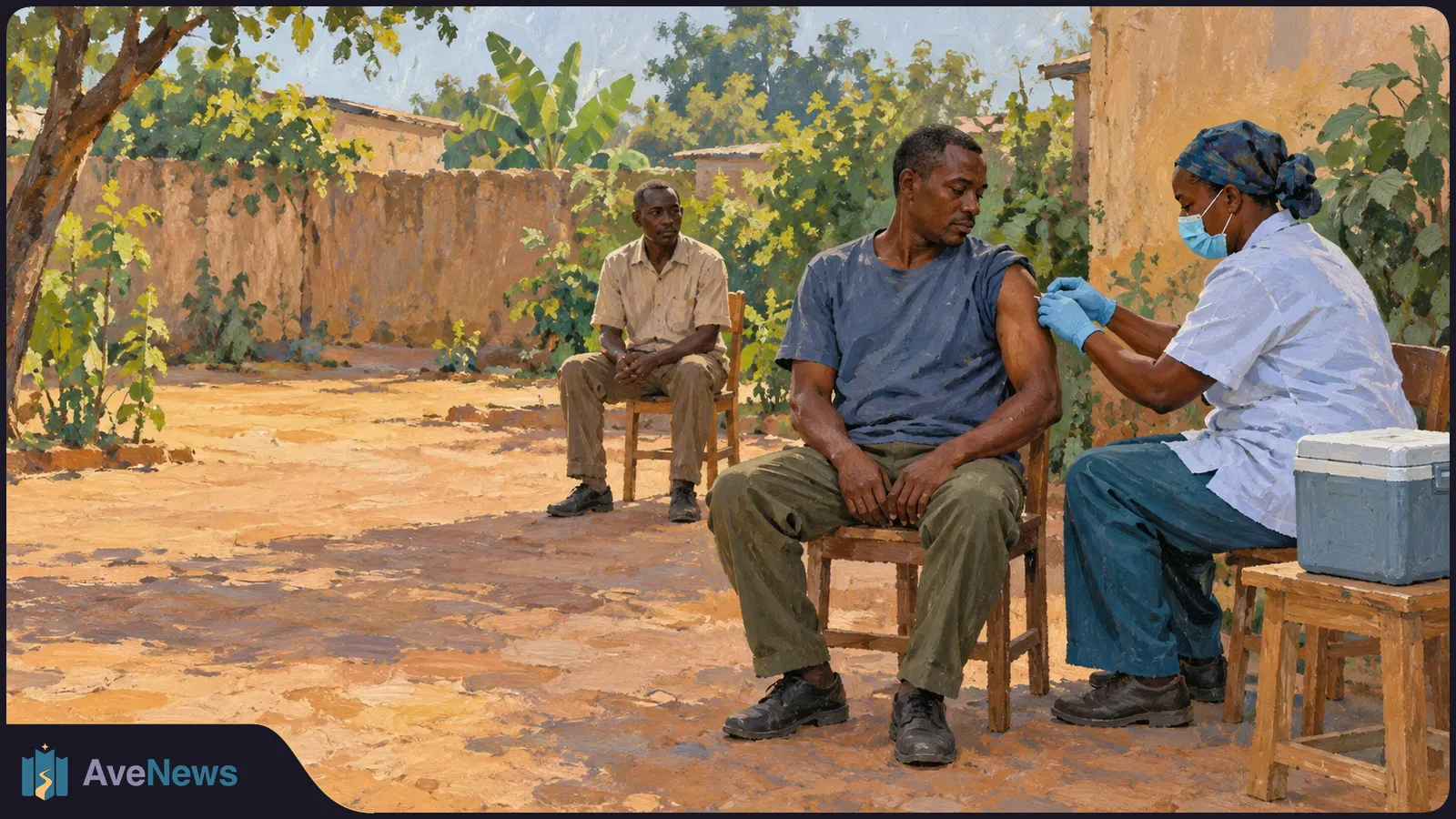 Painted outdoor scene of a masked health worker giving a seated man an injection in his upper arm, while another man sits nearby. A cooler rests on a stool. SI illustration