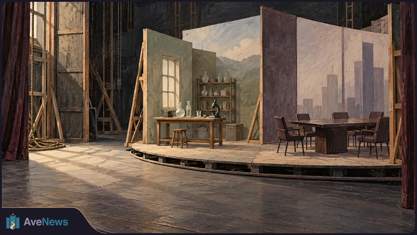 A painted theater stage set places a lab bench with glassware and a microscope beside a boardroom table and chairs; exposed supports and curtains frame the scene. SI illustration