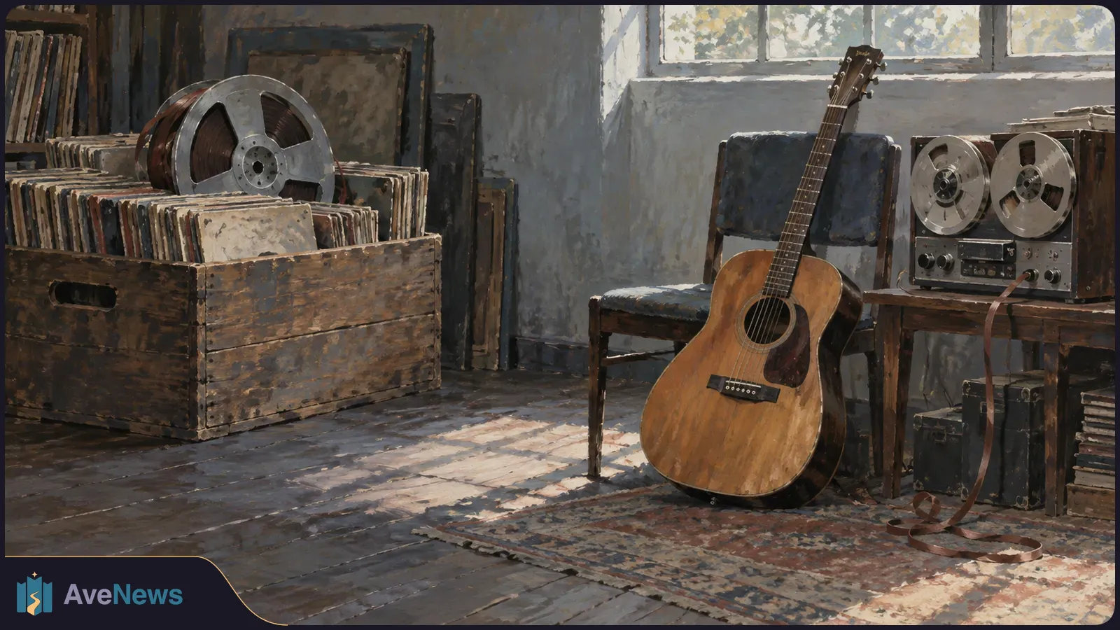 A worn acoustic guitar leans against a chair beside a reel-to-reel recorder. A large tape reel rests on a crate of records in the sunlit, painterly room. SI illustration
