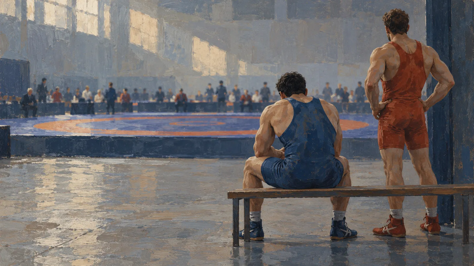 A painting of two wrestlers seen from behind beside a mat: one sits on a bench in blue, while the other stands in red. Spectators line the far side of the hall. SI illustration