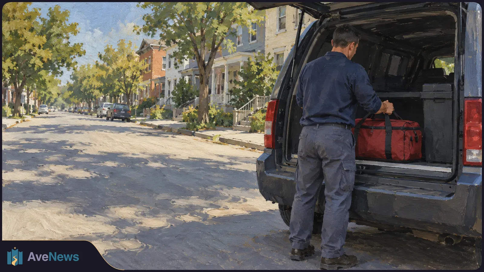 Painterly illustration of a man placing a red bag in the back of a dark vehicle on a tree-lined residential street. SI illustration