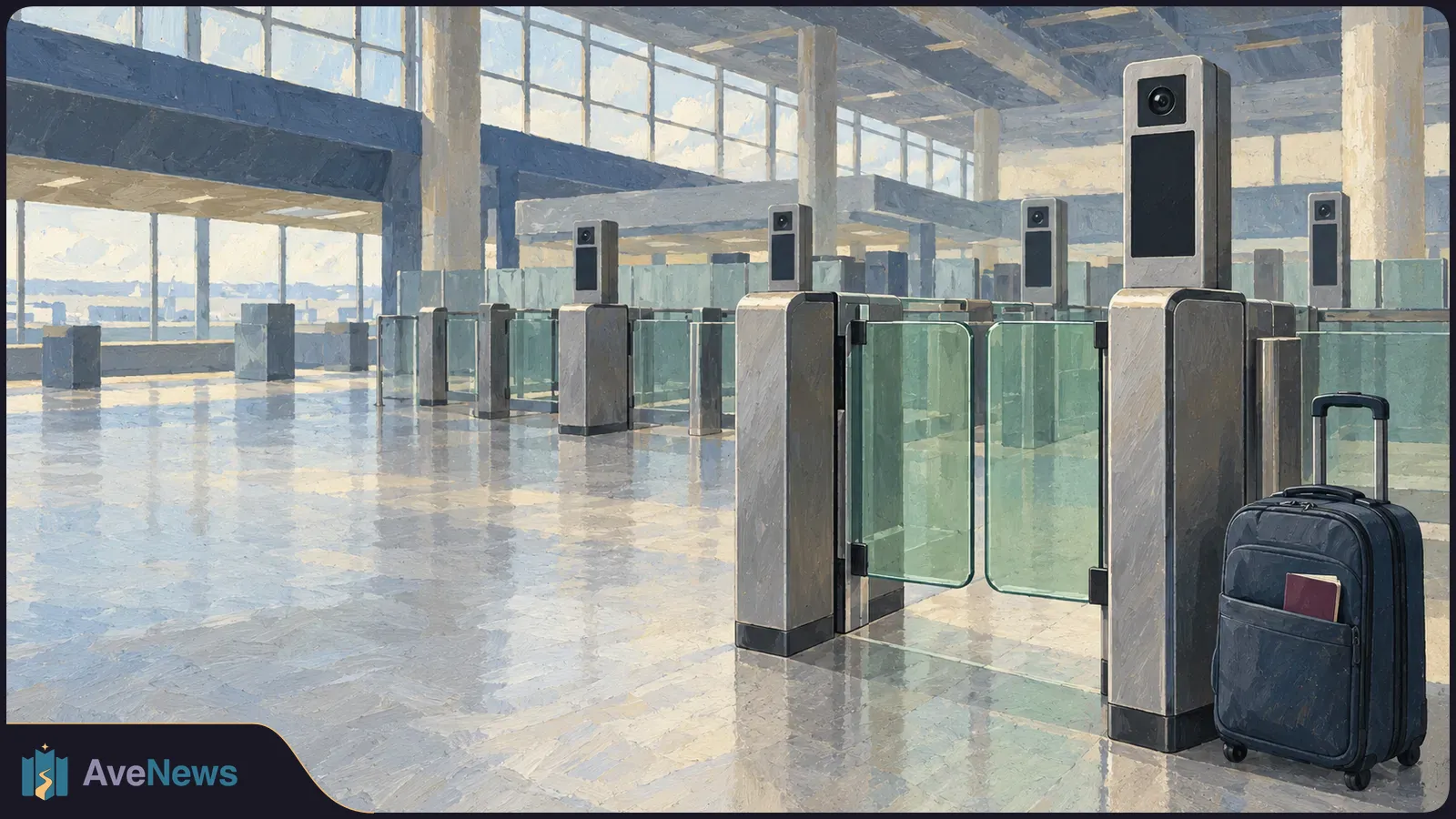 Painterly airport hall with camera-topped glass border gates. A rolling suitcase stands beside the nearest gate, with a red booklet in its front pocket. SI illustration