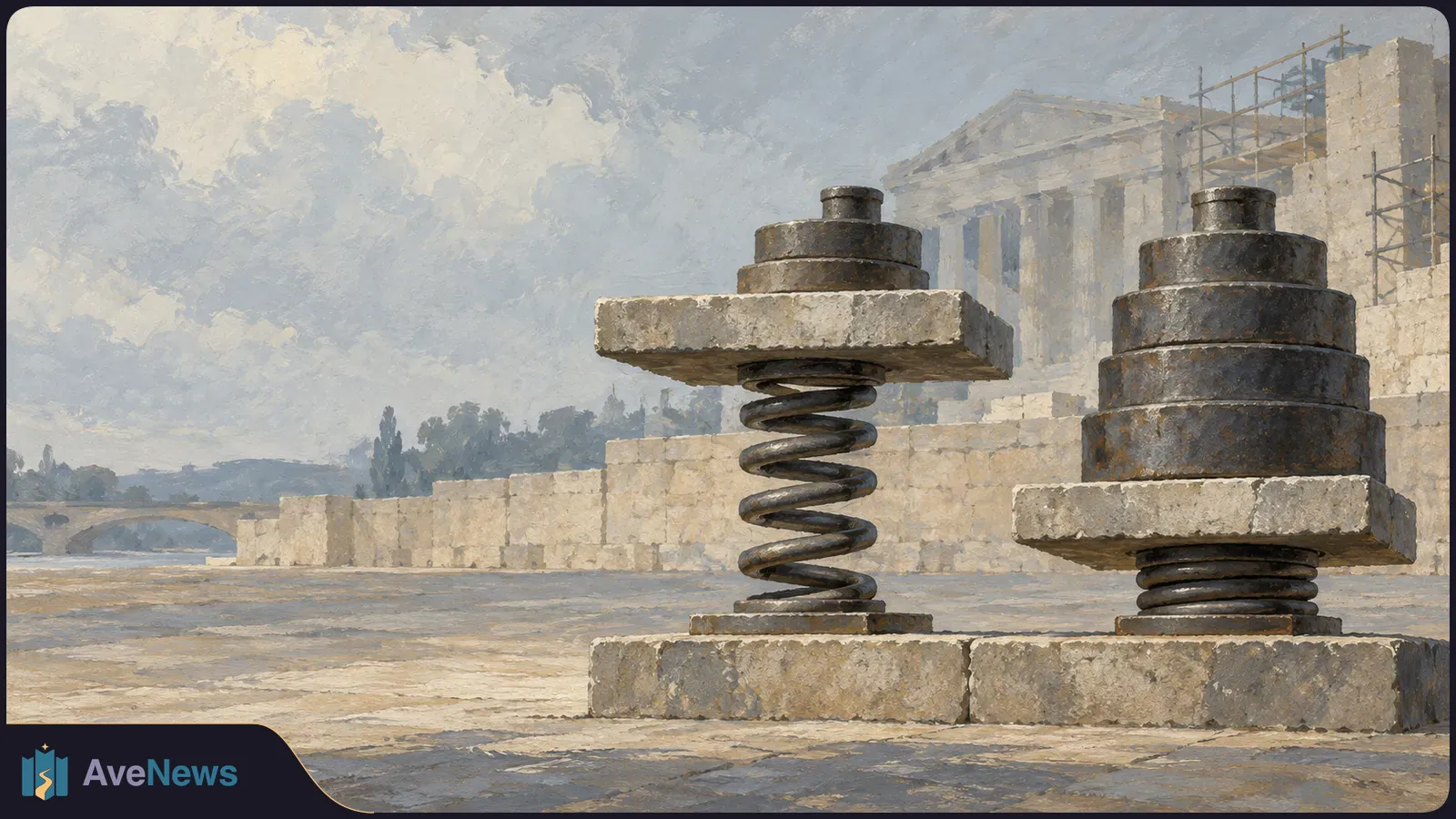 Painterly illustration of two stone slabs resting on metal springs, one compressed beneath stacked weights, before a columned building with scaffolding. SI illustration